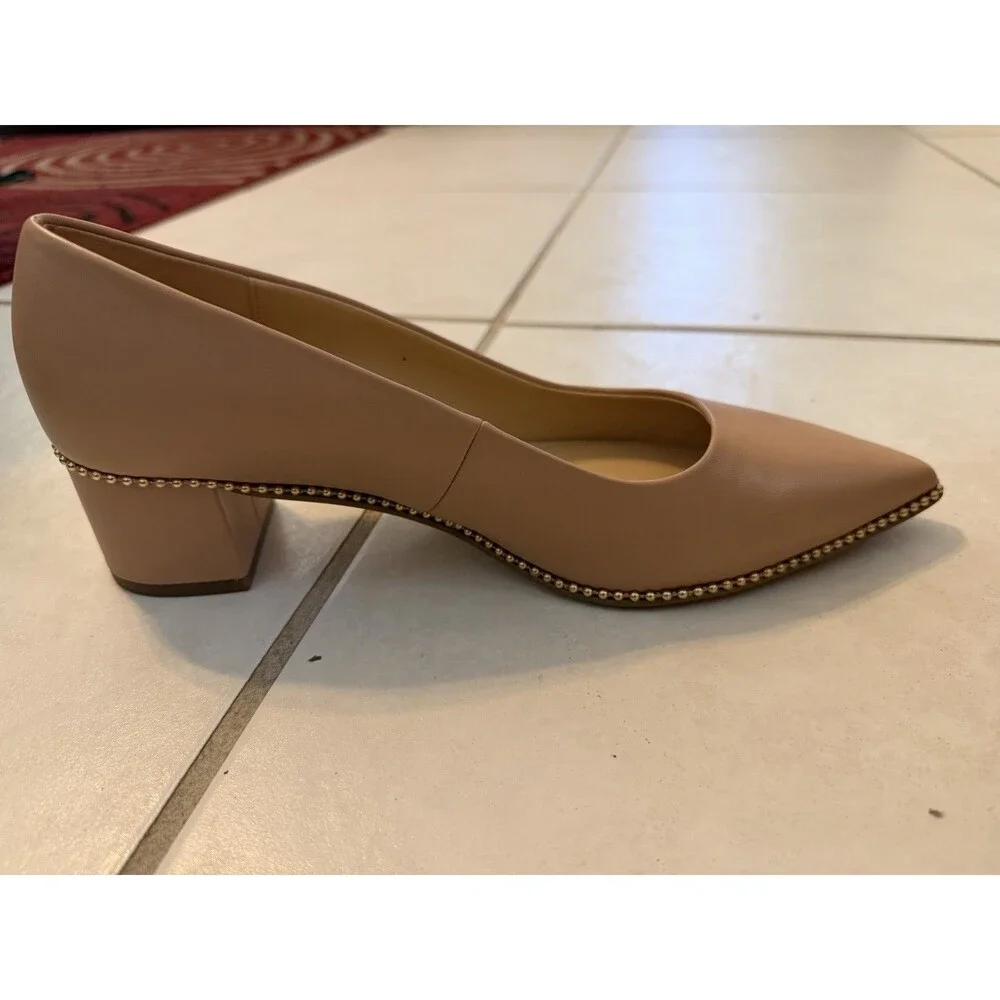 COACH Women’s Beige Pointed Toe Studded Trim Solid Slip-On Block Heel Pumps